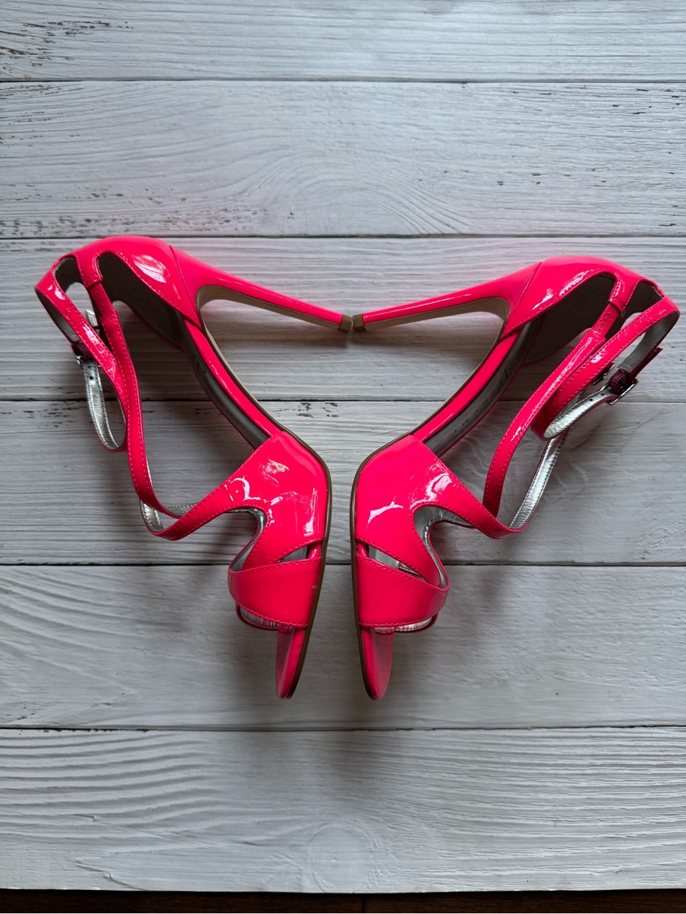 Ivanka Trump Hot Pink Strappy Open-Toe Heels 8 Patent Stiletto Barbiecore Neon